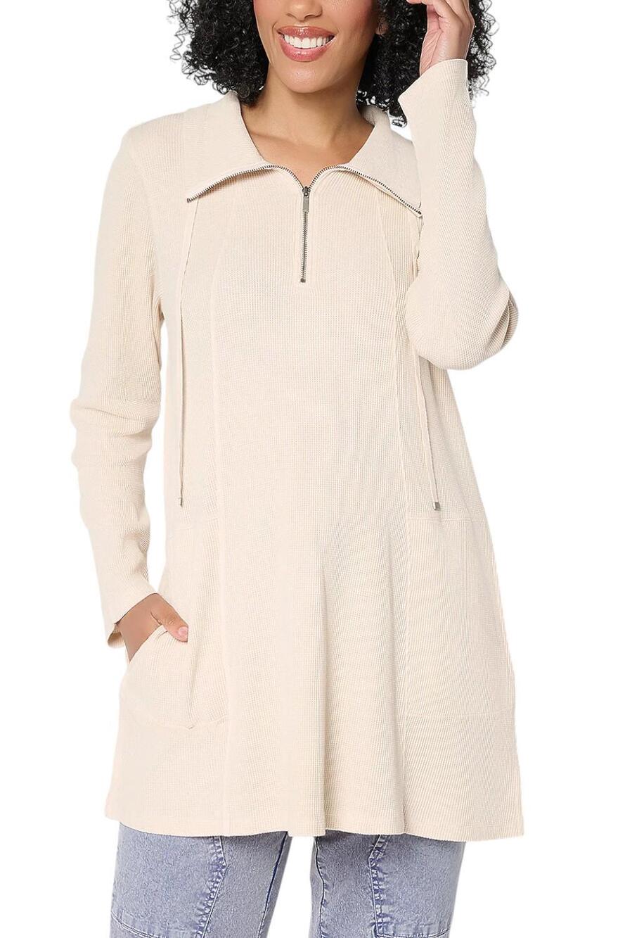 LOGO by Lori Goldstein Women's Cotton 1/4 Zip Waffle Top Shell - Petite
